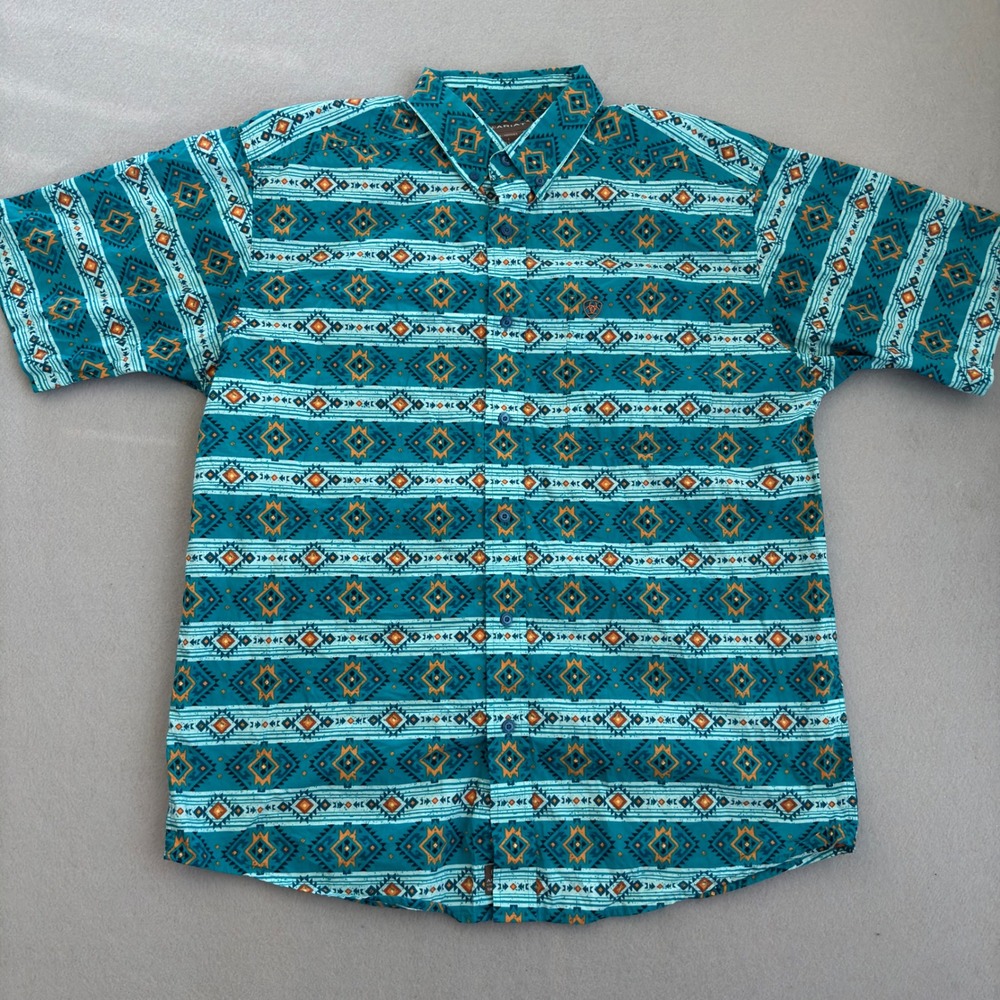 Ariat Mens Short Sleeve Southwestern Aztec Print Button Down Shirt Teal Large